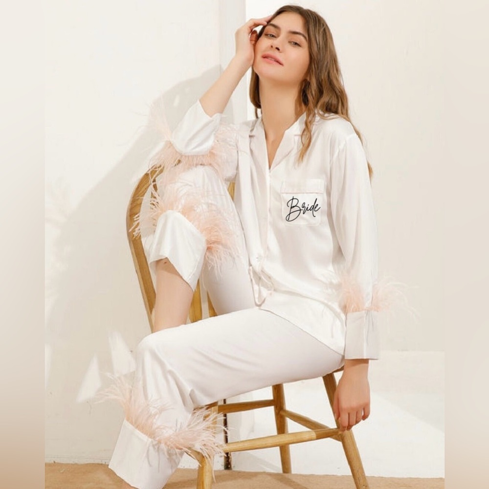 White bridal pajamas with feathers